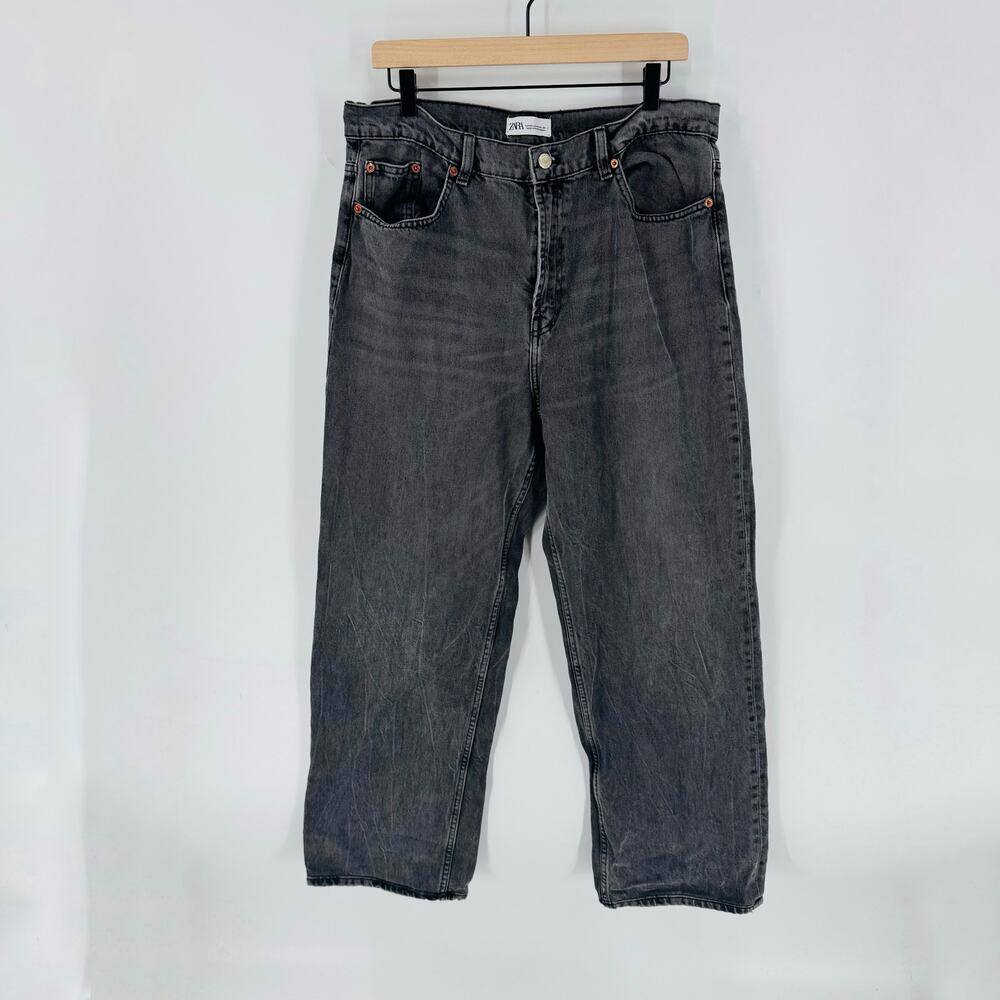 Zara Women's Size 12 Gray Wide Leg Full Length Rigid Denim Jeans High Rise